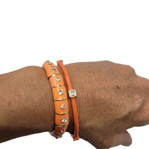 Bangle Bracelet 2pc Set Orange Rhinestone Bangle Stretch Gold Tone Jewelry